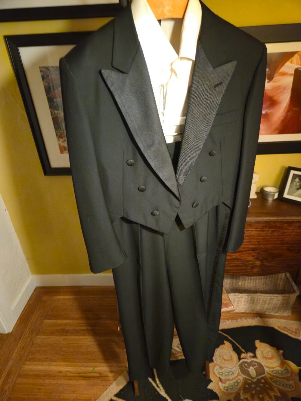 Sulka Vintage Black Tails Tuxedo, Hand Made, Hand Ticked, Original Hanger, 43S